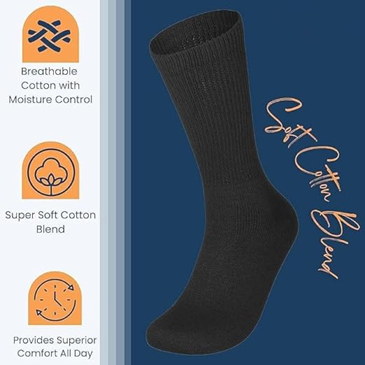 Molten Creek® 6 Pairs Mens Womens Non Elastic Diabetic Socks Loose Top Wide Soft Grip Crew Socks for Swollen Feet -Adults Black