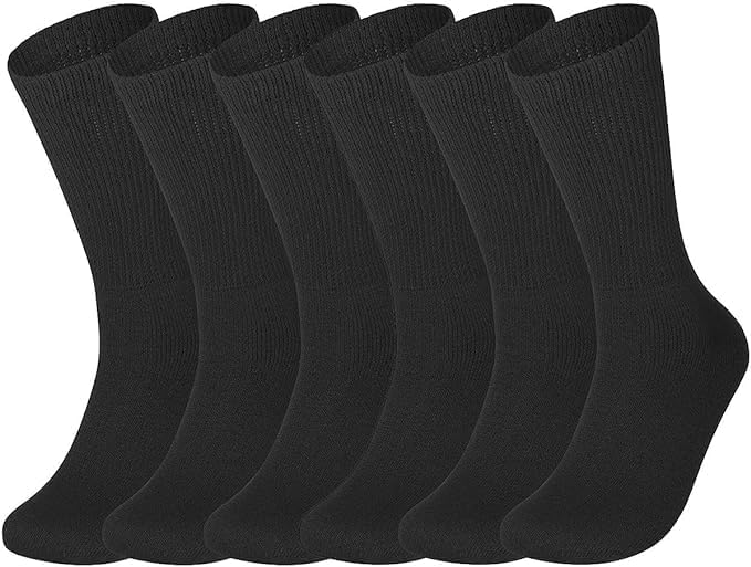 Molten Creek® 6 Pairs Mens Womens Non Elastic Diabetic Socks Loose Top Wide Soft Grip Crew Socks for Swollen Feet -Adults Black