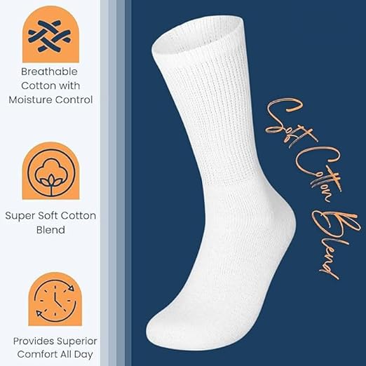 Molten Creek® 6 Pairs Mens Womens Non Elastic Diabetic Socks Loose Top Wide Soft Grip Crew Socks for Swollen Feet -Adults Black