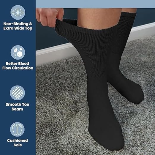 Molten Creek® 6 Pairs Mens Womens Non Elastic Diabetic Socks Loose Top Wide Soft Grip Crew Socks for Swollen Feet -Adults Black