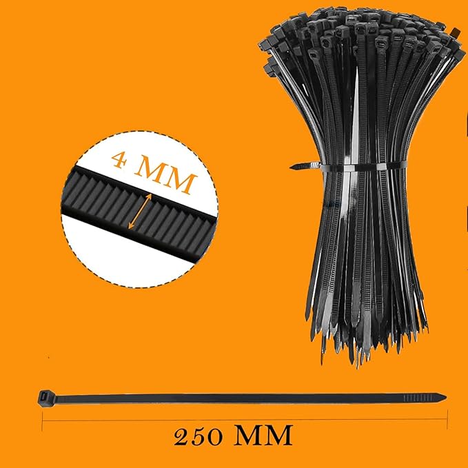 Molten Creek® Cable Ties, Thicker, Wider & Durable, Strong Cable Ties, Large Nylon Plastic Zip Ties, Indoor Cable Management and Outdoor Use, Black, 250mm x 4mm Molten Creek