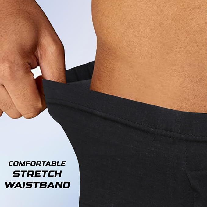 Person adjusting a black waistband with text 'Comfortable Stretch Waistband' on a light gray background