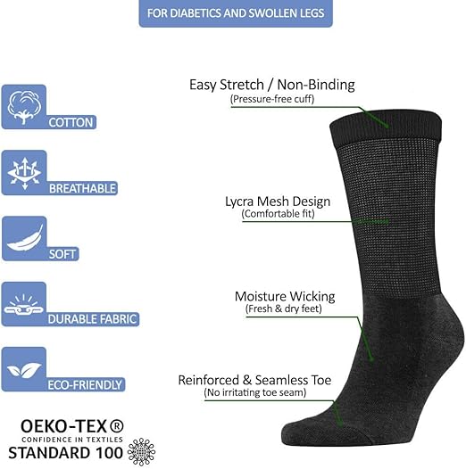 Molten Creek® 6 Pairs Mens Womens Non Elastic Diabetic Socks Loose Top Wide Soft Grip Crew Socks for Swollen Feet -Adults Black