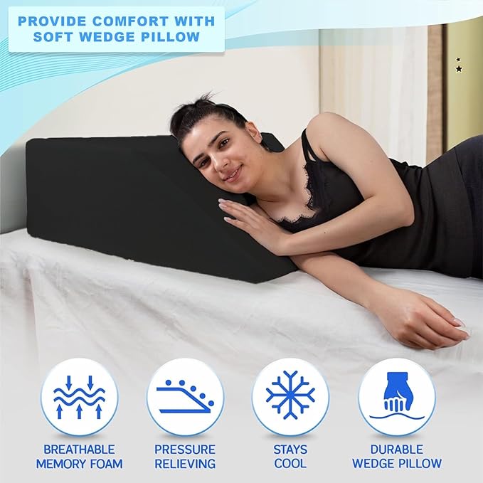 Molten Creek® Leg Elevation Pillow, Leg Rest Wedge Pillow, Memory Foam with Quilted Washable Cover, For Post Surgery Bed Rest, Swelling Relief, Blood Circulation (Black) Molten Creek