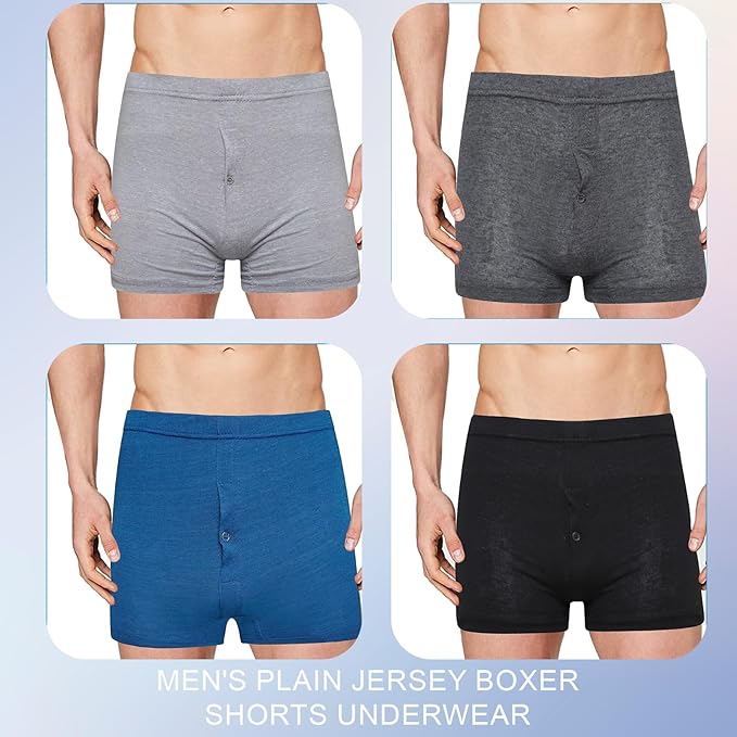 Four men wearing plain jersey boxer shorts in gray, blue, and black on a light purple background.