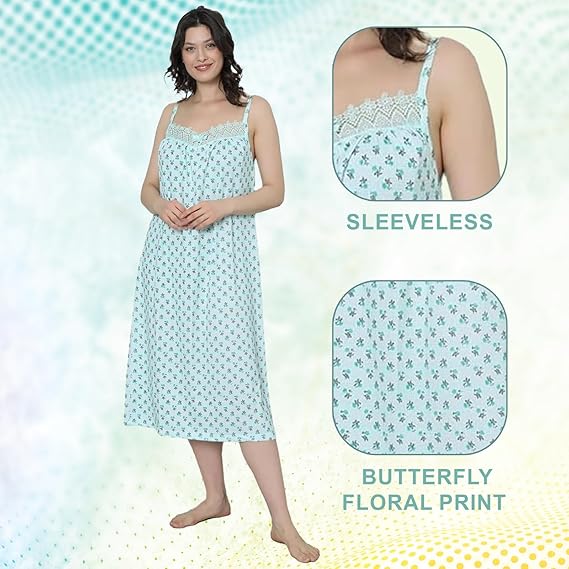 Women's Sleeveless Nightwear, 100% Cotton, Butterfly Flowers Printed, Midi Length with Straight Hemline, Soft and Comfortable, Sleep Loungewear