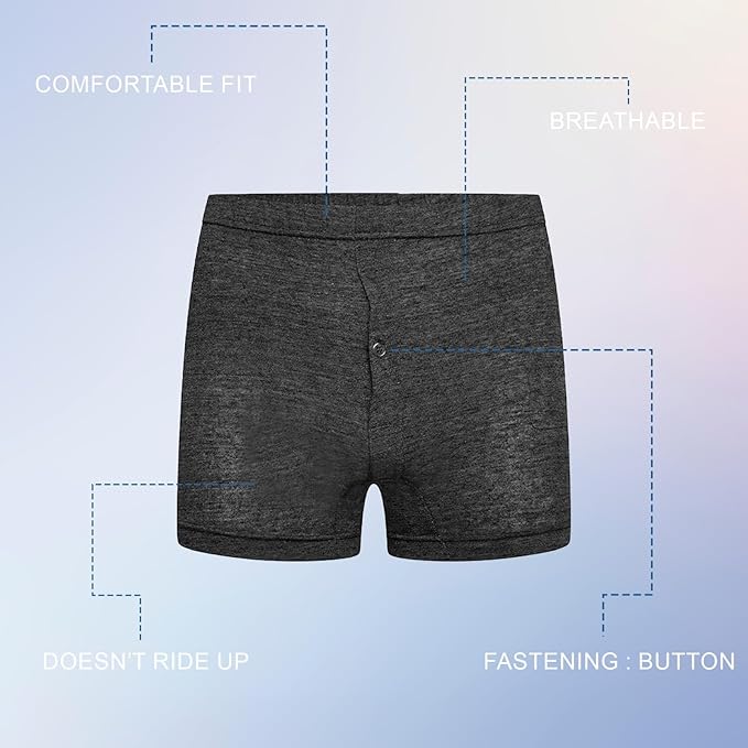 Gray boxer briefs with text highlighting features on a light blue background