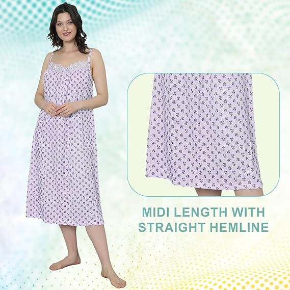 Women's Sleeveless Nightwear, 100% Cotton, Butterfly Flowers Printed, Midi Length with Straight Hemline, Soft and Comfortable, Sleep Loungewear