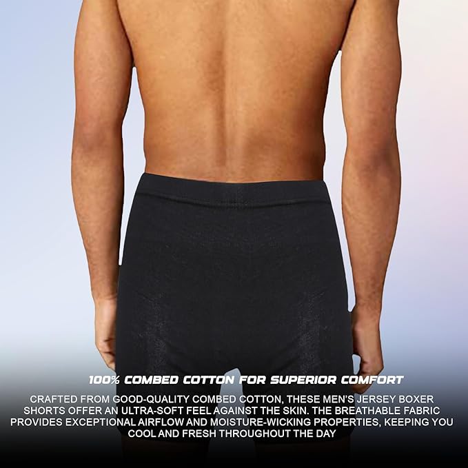 Man wearing black boxer shorts with text about comfort and material on a light purple background
