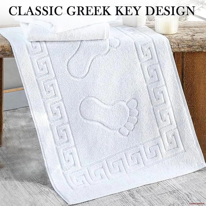 Molten Creek® Bath Mats, Classic Greek Key Design, Terry Cloth Foot Towel, Quicky Dry, Soft and Absorbent, 750 GSM, Easy to Wash, Lightweight, 100% Cotton, 50x70 cm