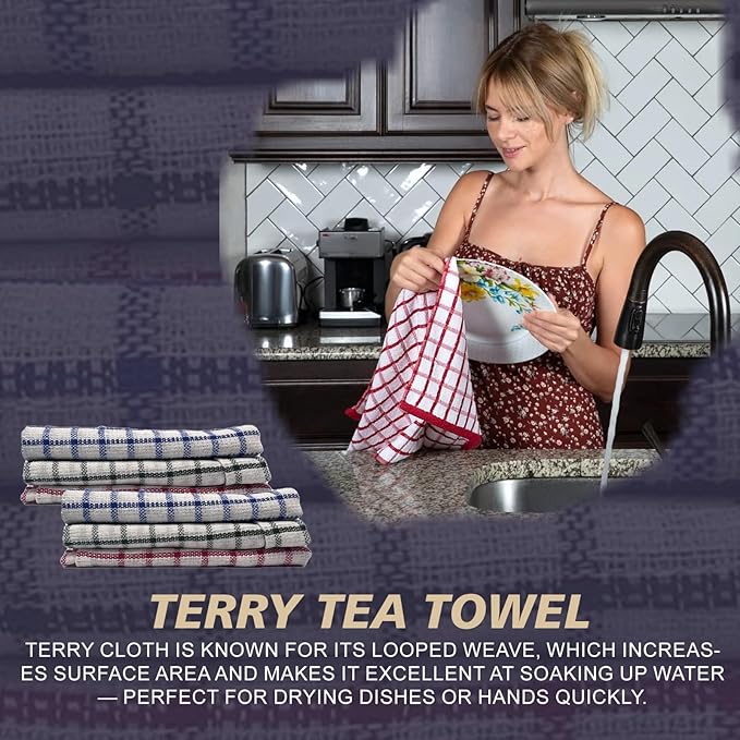 Assorted Terry Tea Towel, Highly Absorbent, Checkered Pattern, Soft Touch, Great for Drying Dishes, Kitchen Hand Towels, Bright Colors