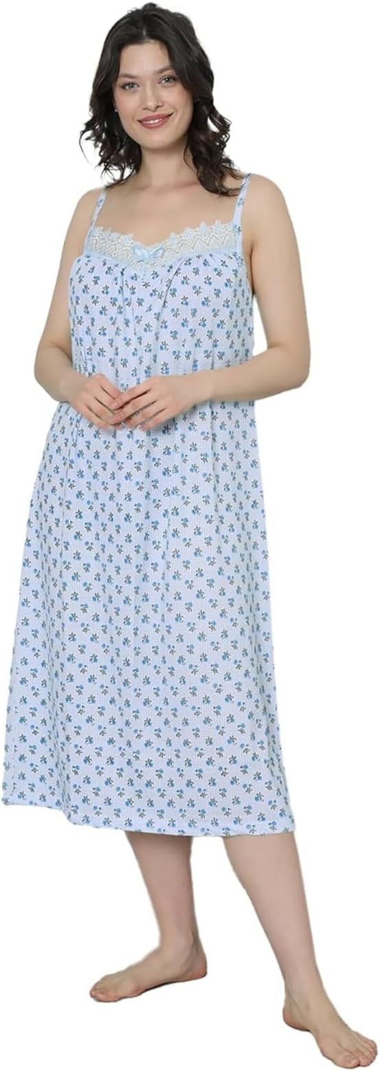 Women's Sleeveless Nightwear, 100% Cotton, Butterfly Flowers Printed, Midi Length with Straight Hemline, Soft and Comfortable, Sleep Loungewear