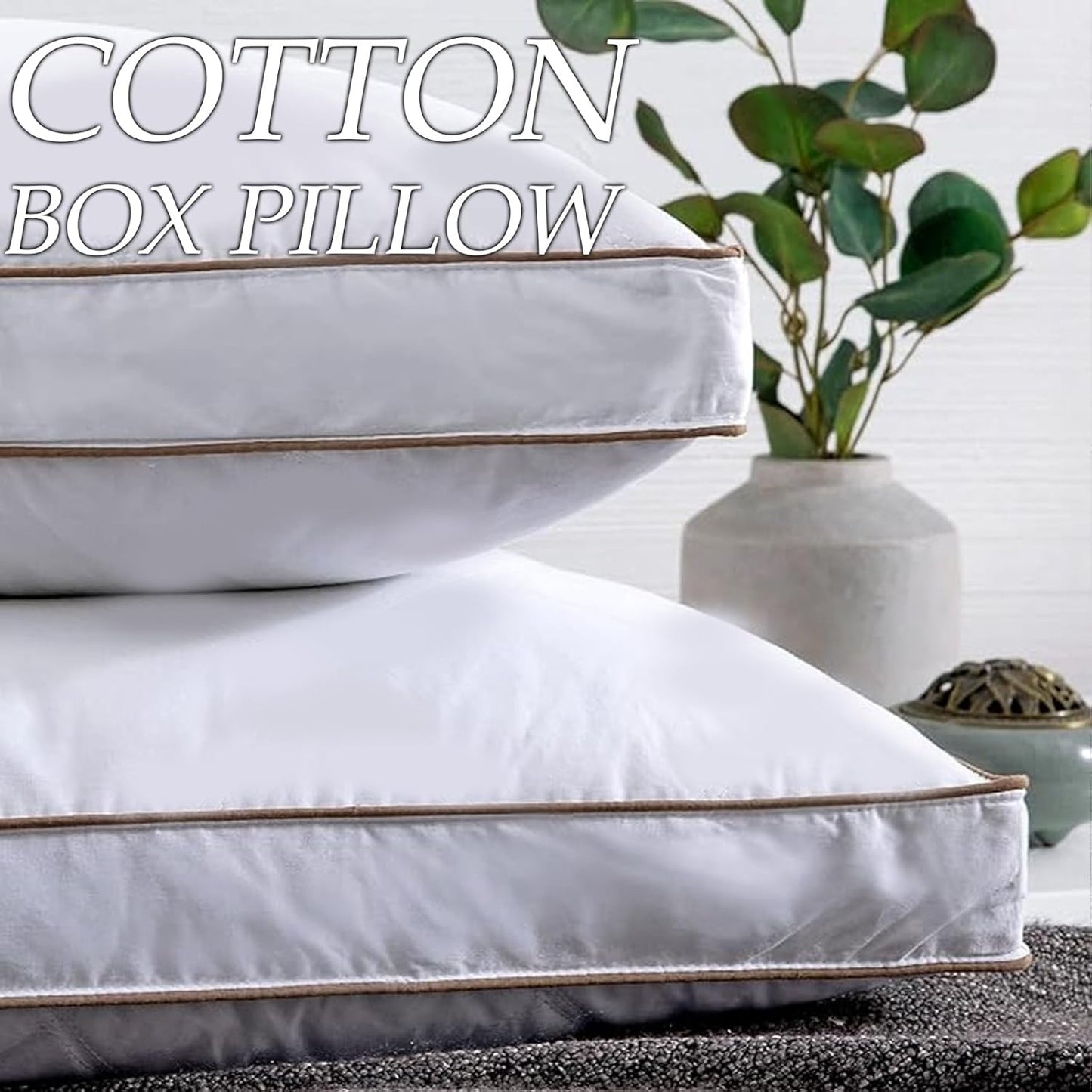 Two white pillows with gold trim stacked on a surface, with a plant in the background.