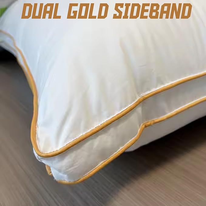 White pillow with gold sideband on a wooden surface, text 'DUAL GOLD SIDEBAND' above.