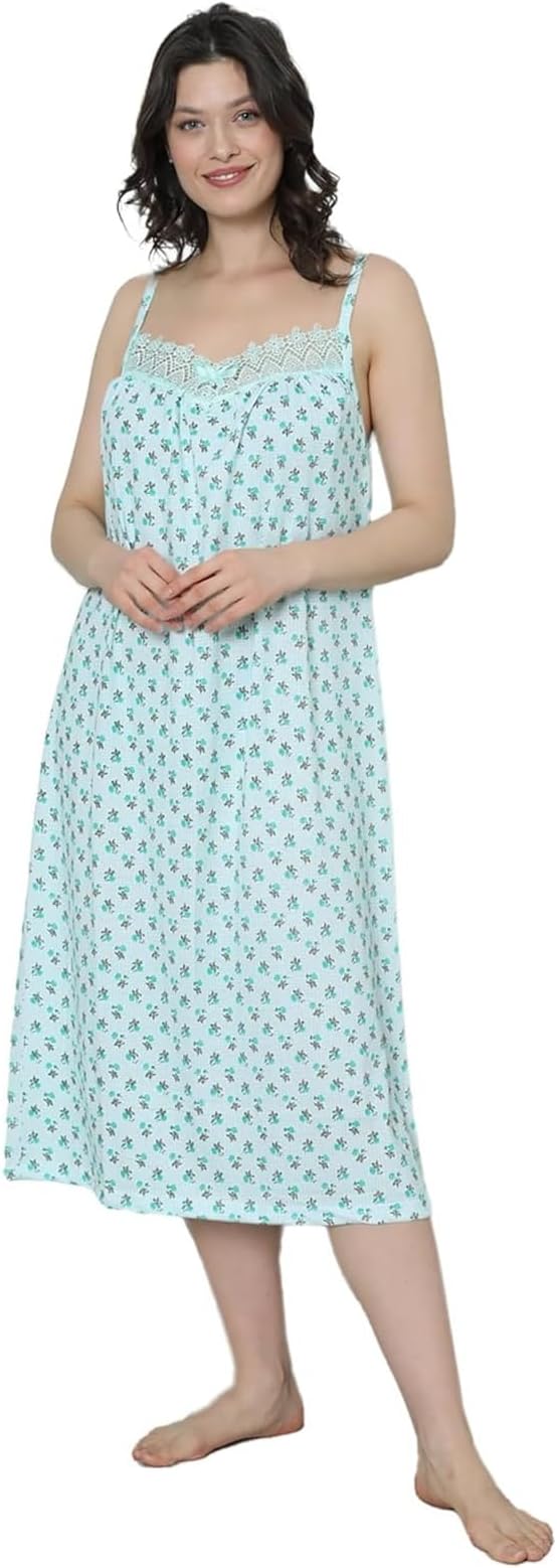 Women's Sleeveless Nightwear, 100% Cotton, Butterfly Flowers Printed, Midi Length with Straight Hemline, Soft and Comfortable, Sleep Loungewear