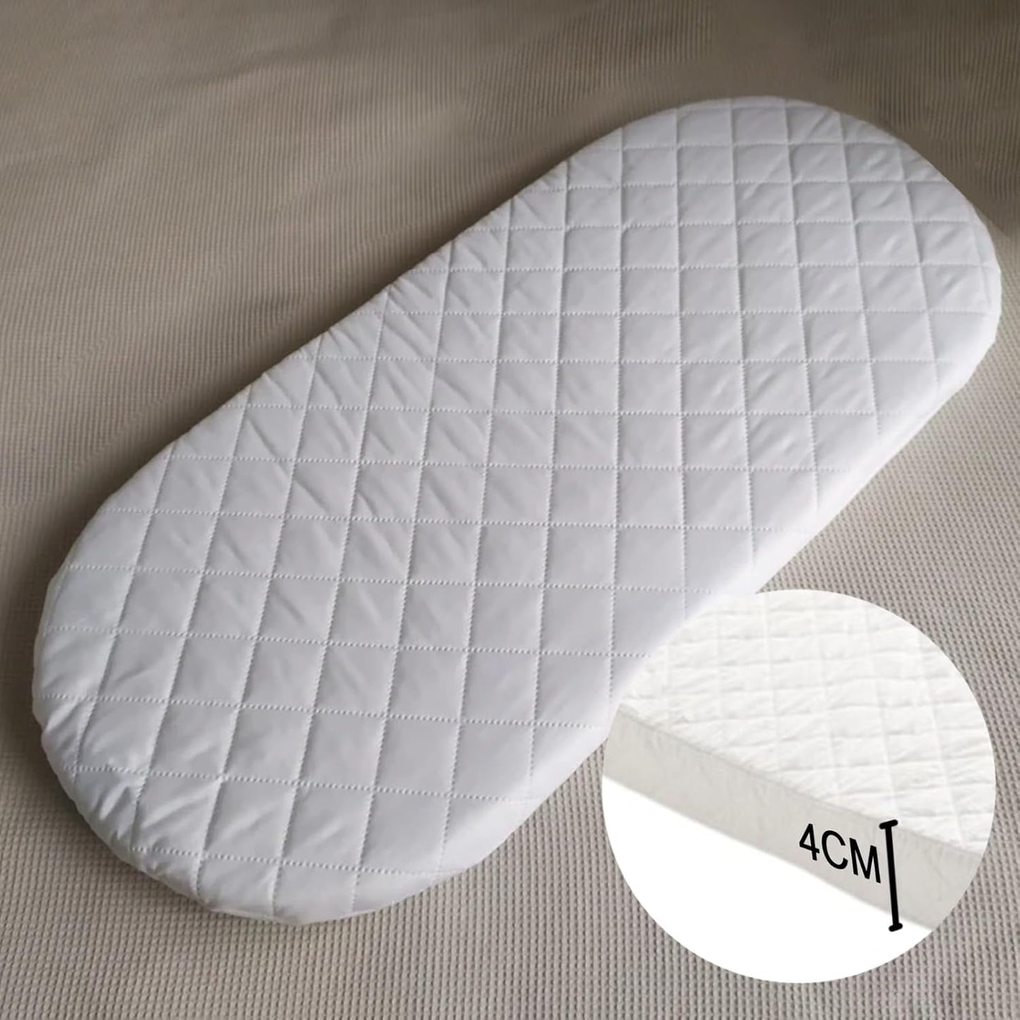White quilted mat with a close-up inset showing measurement details on a beige background