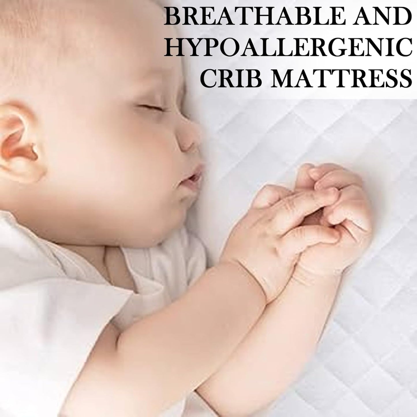 Baby sleeping peacefully on a crib mattress with text about breathable and hypoallergenic properties.