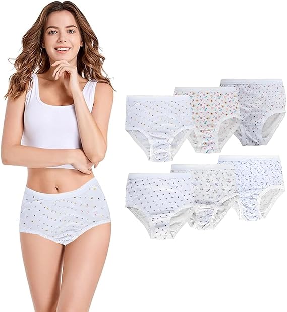 Woman wearing a white tank top and floral briefs with six pairs of similar briefs displayed on a white background.