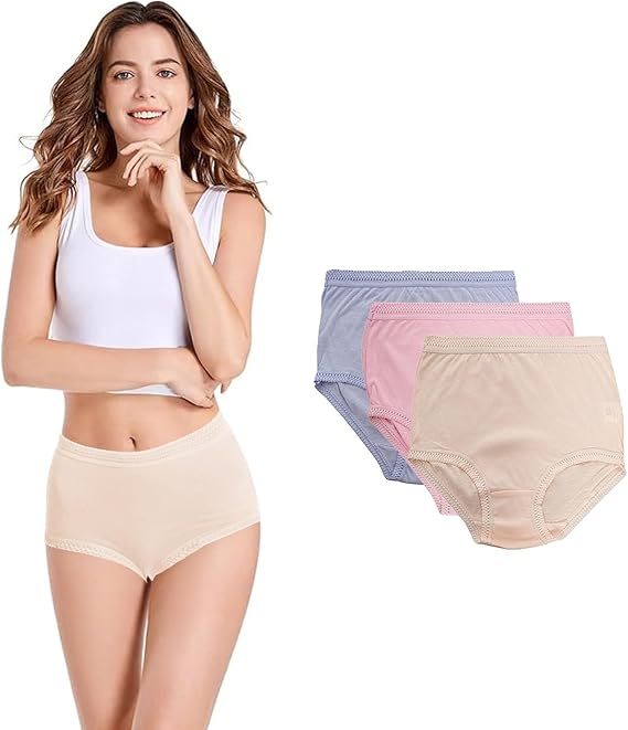 Woman wearing a white tank top and beige underwear with three additional pairs of underwear displayed.