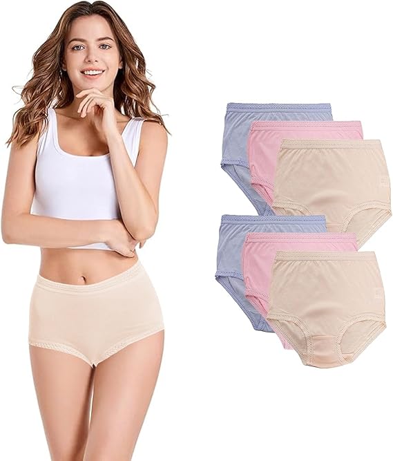 Woman wearing beige high-waisted underwear with a set of similar underwear in different colors on a white background.
