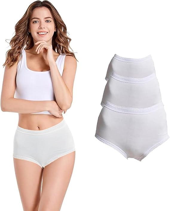 Woman wearing a white tank top and high-waisted brief with a close-up of the underwear on a white background.