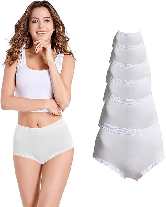 Woman wearing a white tank top and high-waisted brief with a close-up of the briefs on a white background.