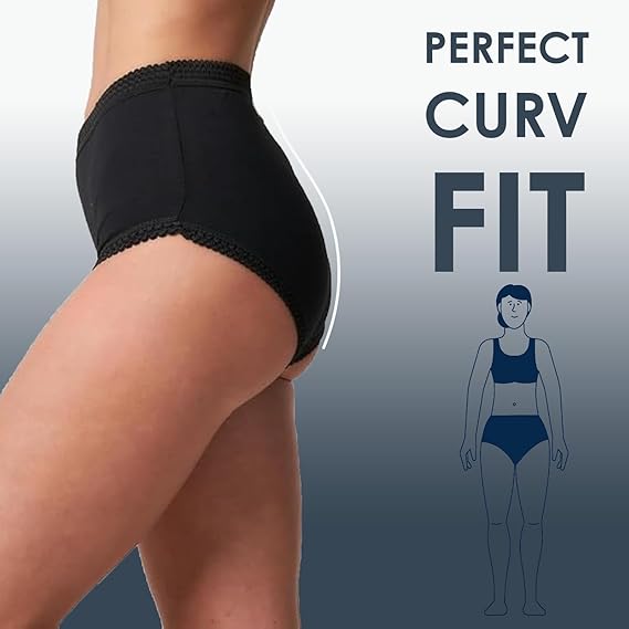Black underwear with 'Perfect Curv Fit' text and a body outline on a gray background