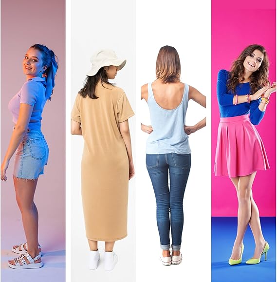 Four women modeling different outfits on a colorful background