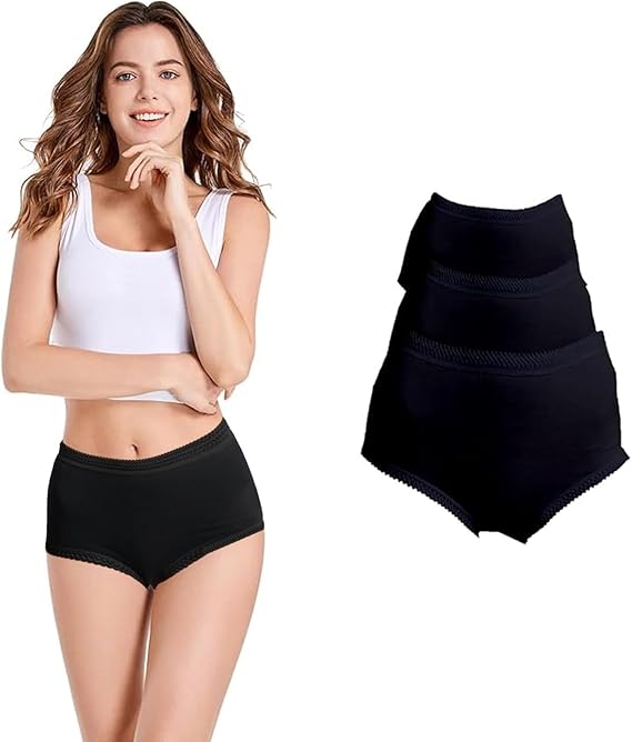 Woman wearing a white tank top and black high-waisted briefs with a close-up of the briefs on a white background.