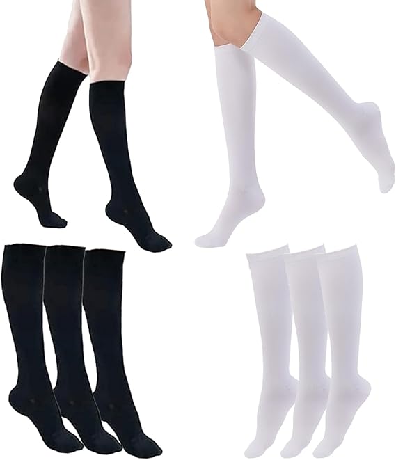 Black and white knee-high socks displayed on a white background