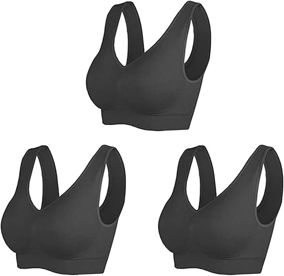 Three black sports bras on a white background