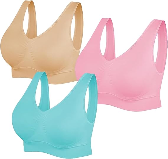 Three women's sports bras in beige, pink, and teal on a white background