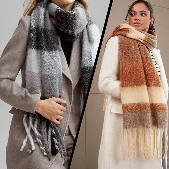 Two people wearing plaid scarves, one gray and white, the other brown and beige.