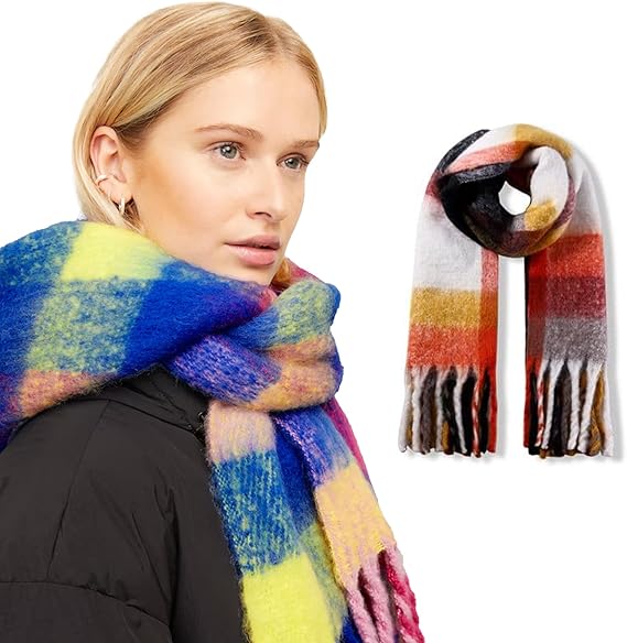 Woman wearing a colorful scarf with a close-up of the scarf on a white background