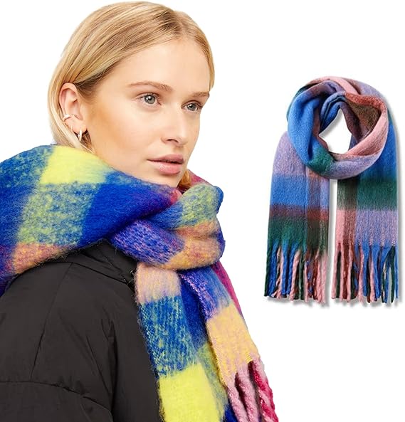 Woman wearing a colorful scarf with a close-up of the scarf on a white background