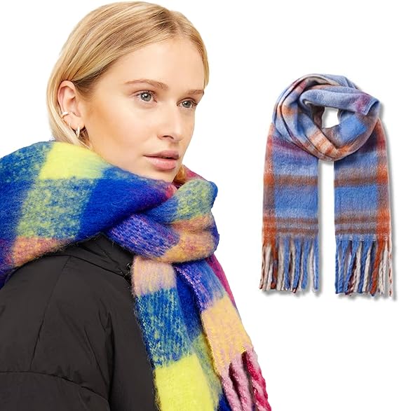 Woman wearing a colorful scarf with a close-up of the scarf on a white background