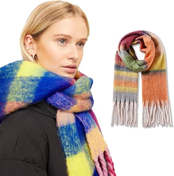 Woman wearing a colorful scarf with a close-up of the scarf on a white background