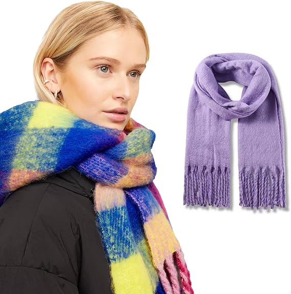 Woman wearing a colorful scarf with a close-up of a purple scarf on a white background