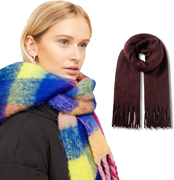Woman wearing a colorful scarf with a close-up of a brown scarf with fringes on a white background.