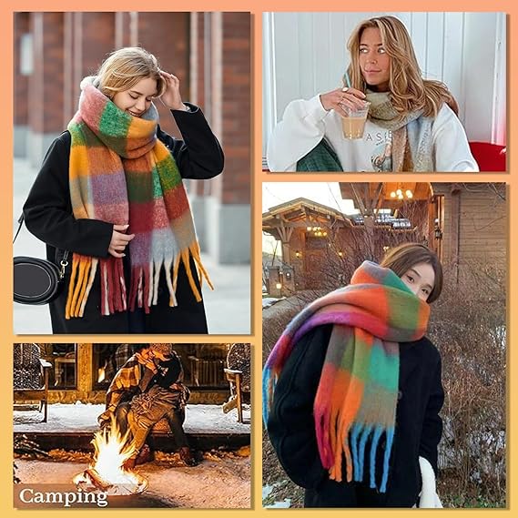 Collage of a person wearing a colorful scarf in various settings.