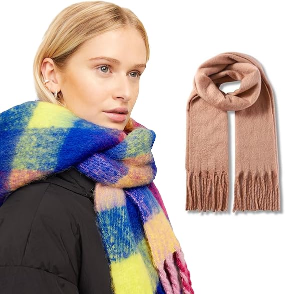 Woman wearing a colorful scarf with an inset of a brown scarf on a white background