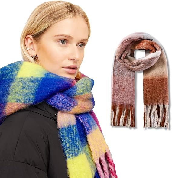 Woman wearing a colorful scarf with an inset of a patterned scarf on a white background