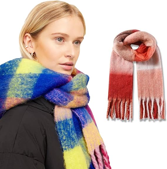 Woman wearing a colorful scarf with a close-up of a red and pink striped scarf.