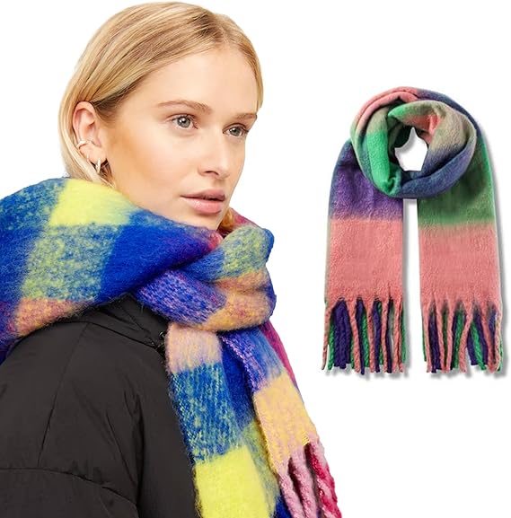 Woman wearing a colorful scarf with a close-up of the scarf on a white background