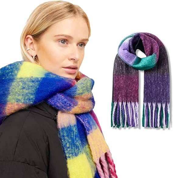 Woman wearing a colorful scarf with a close-up of a similar scarf on a white background