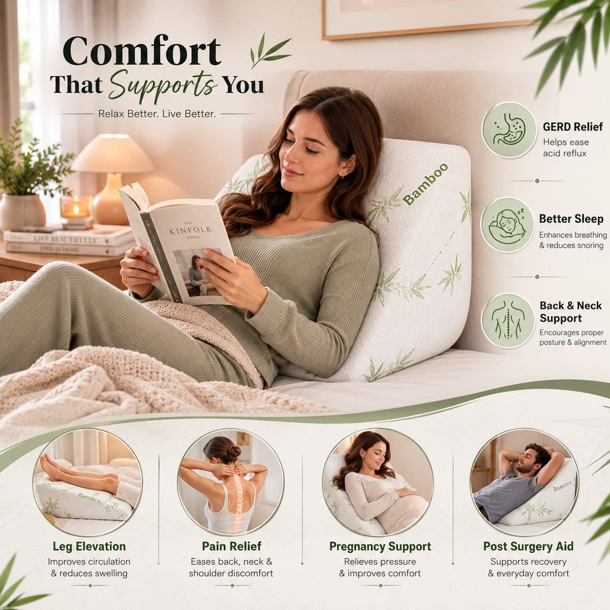 Molten Creek® Bamboo Bed Wedge Pillow – Memory Foam Support Cushion
