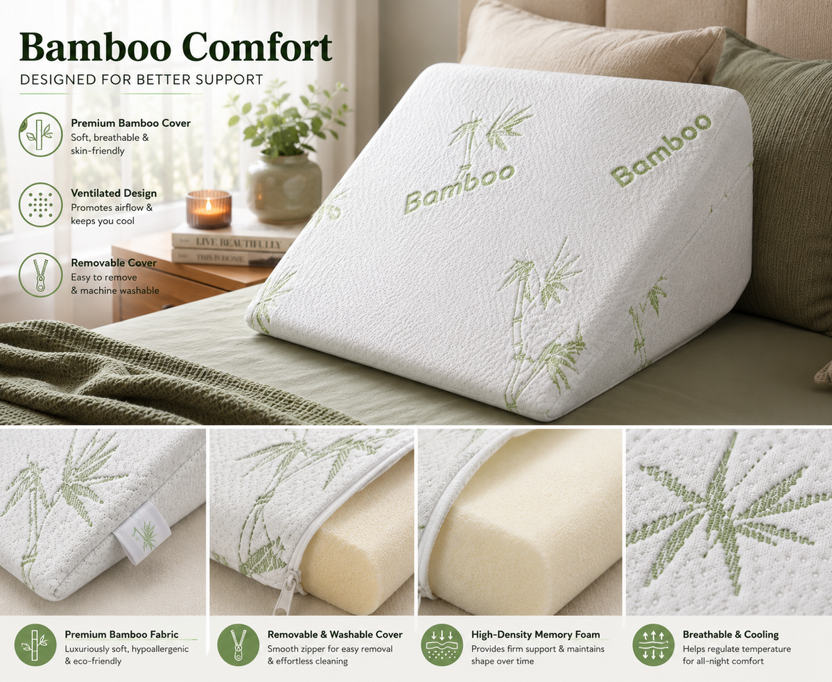 Molten Creek® Bamboo Bed Wedge Pillow – Memory Foam Support Cushion