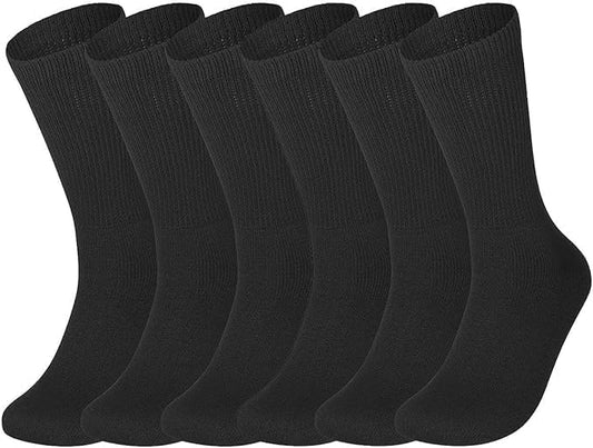 Molten Creek® 6 Pairs Mens Womens Non Elastic Diabetic Socks Loose Top Wide Soft Grip Crew Socks for Swollen Feet -Adults Black