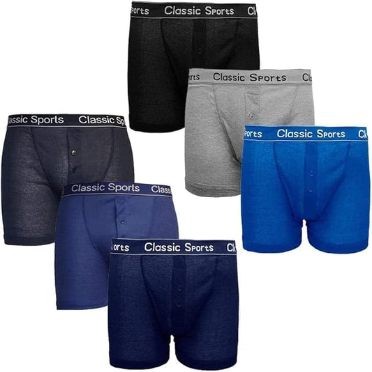 Men’s Classic Sports Boxers Shorts, Soft Cotton, Button Fly Trunks, Designer Underwear, Comfortable Fitting, Assorted Pack of 6, S-2XL