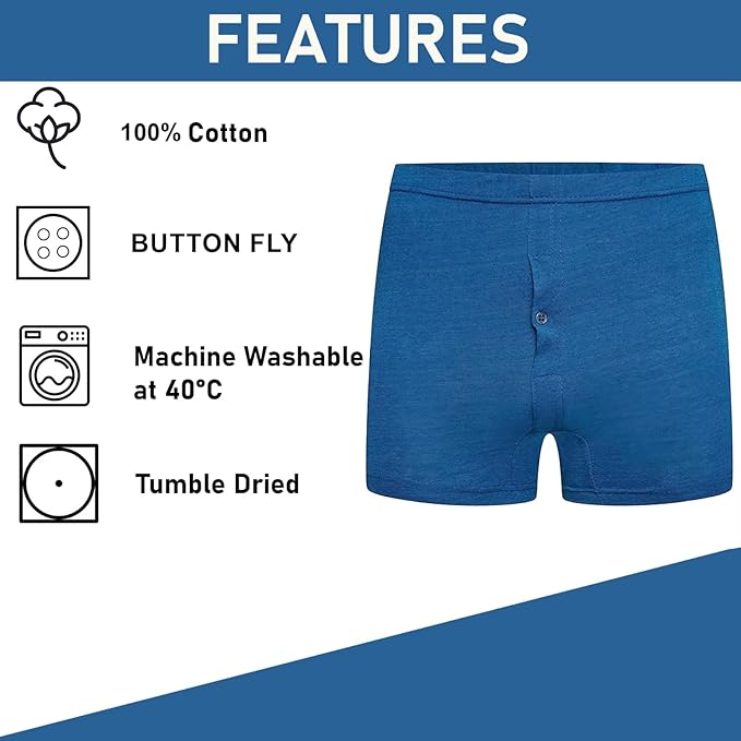 Blue boxer briefs with features listed on a white background